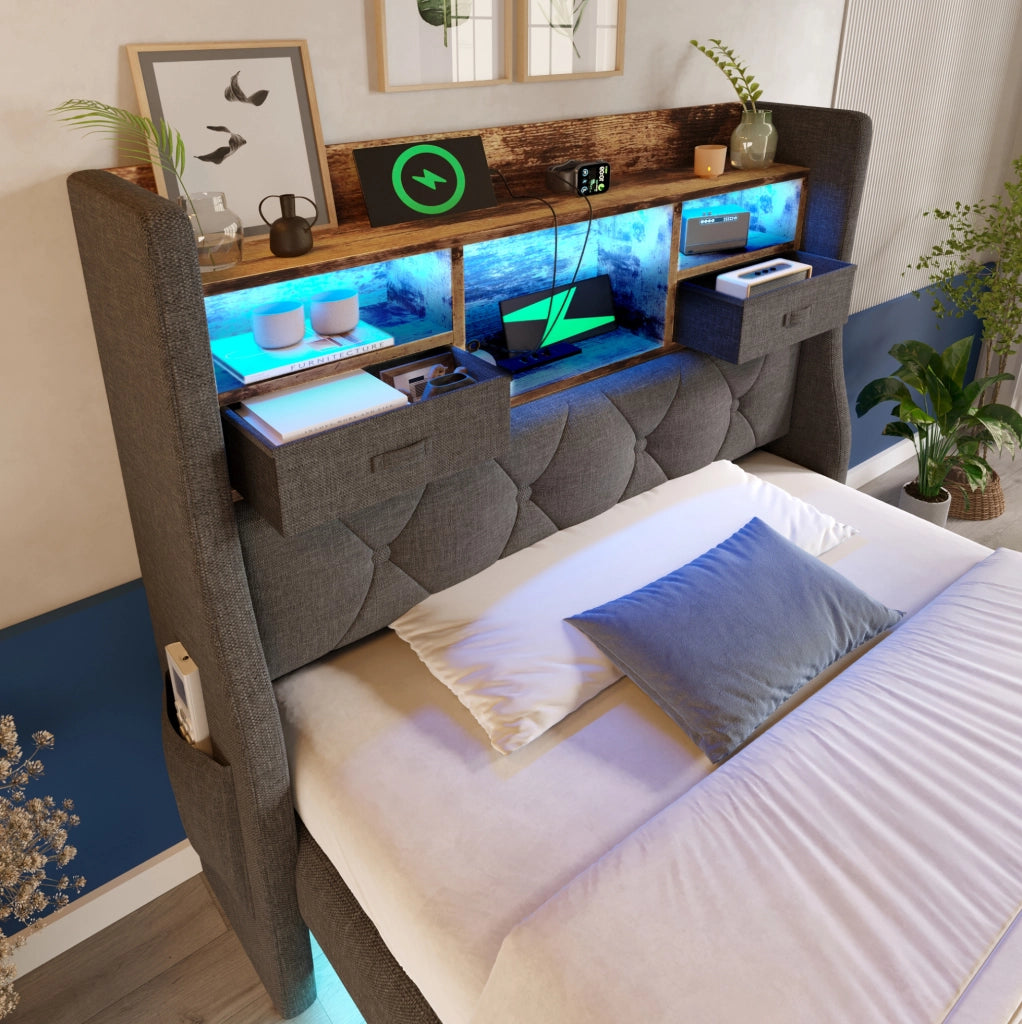 Letto singolo imbottito 90x200 cm con LED, USB e vano testata
