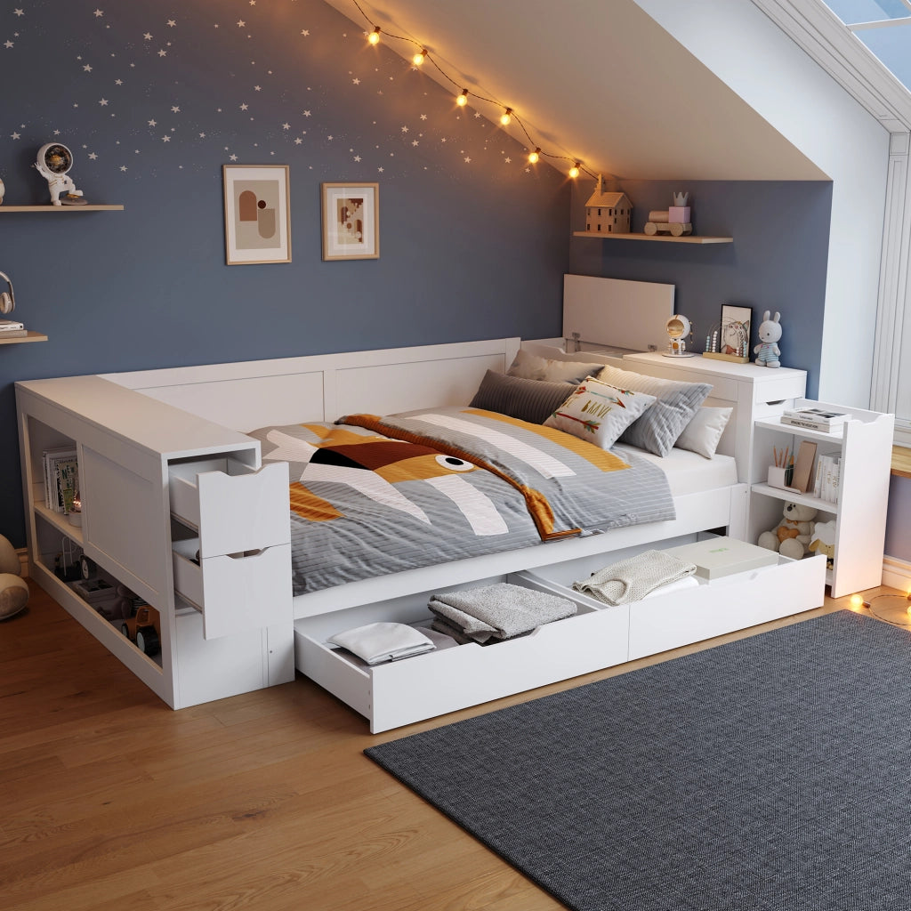 Letto contenitore in legno MDF 140x200 cm bianco, daybed multifunzionale con cassetti, ripiani e comodino, senza materasso