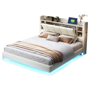 Letto Contenitore 160x200 cm; Matrimoniale; USB; LED; Ripiani in Tessuto Beige