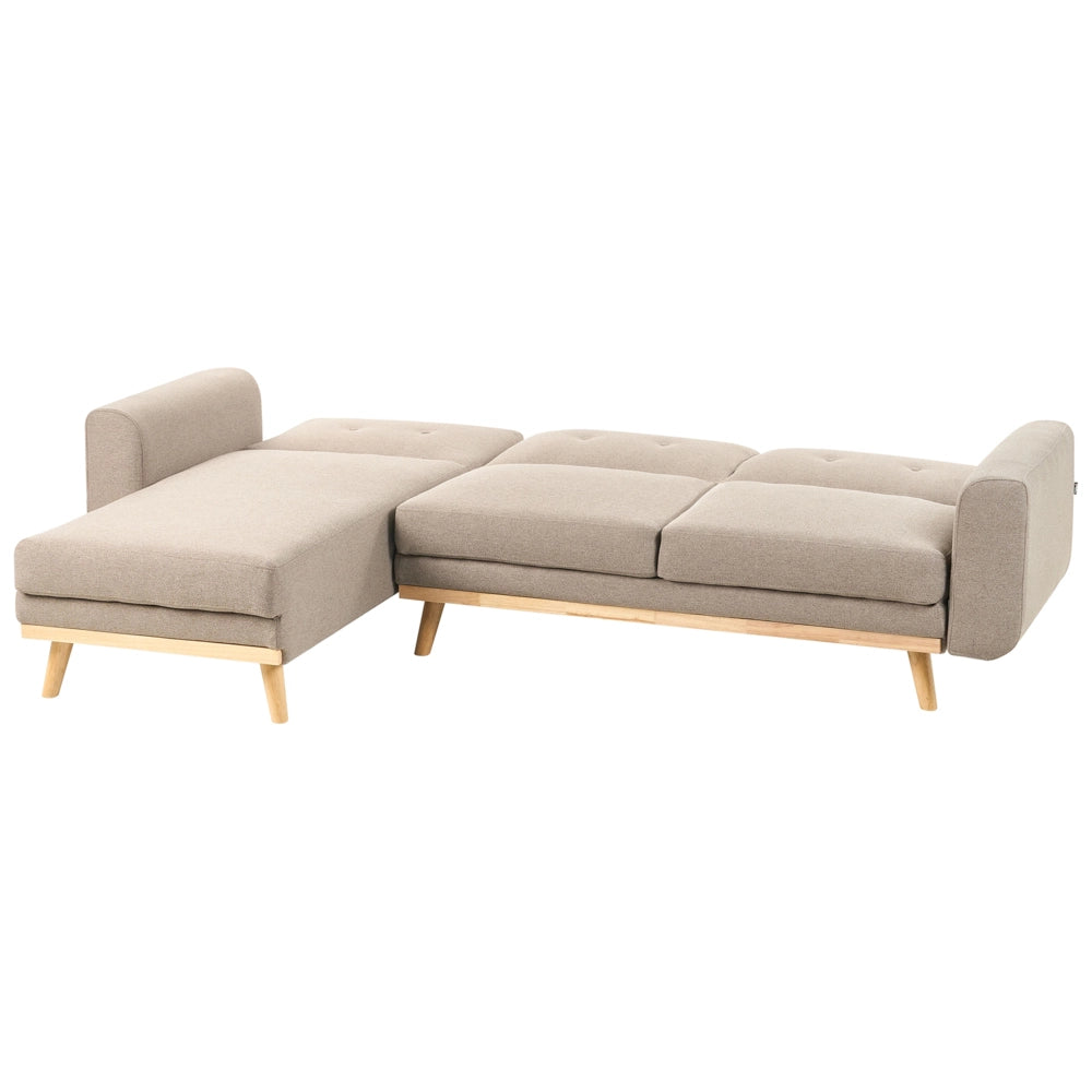 Divano Angolare ad Angolo Destro Marrone Chiaro in Tessuto Imbottito a L con Seduta Trapuntata Cuscini Decorativi e Funzione Letto