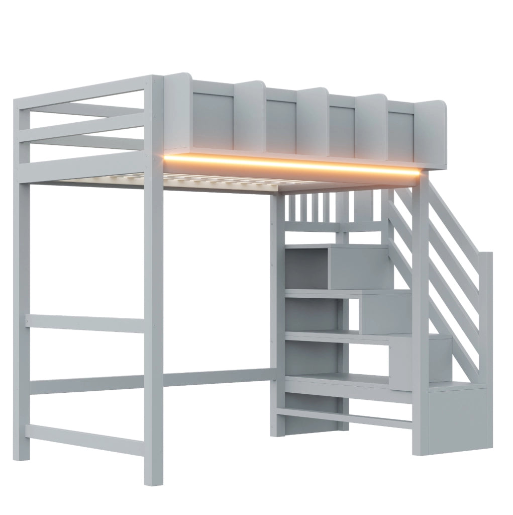 Letto a soppalco 90x200 cm con LED, ripiani e scala in pino, compensato e MDF grigio