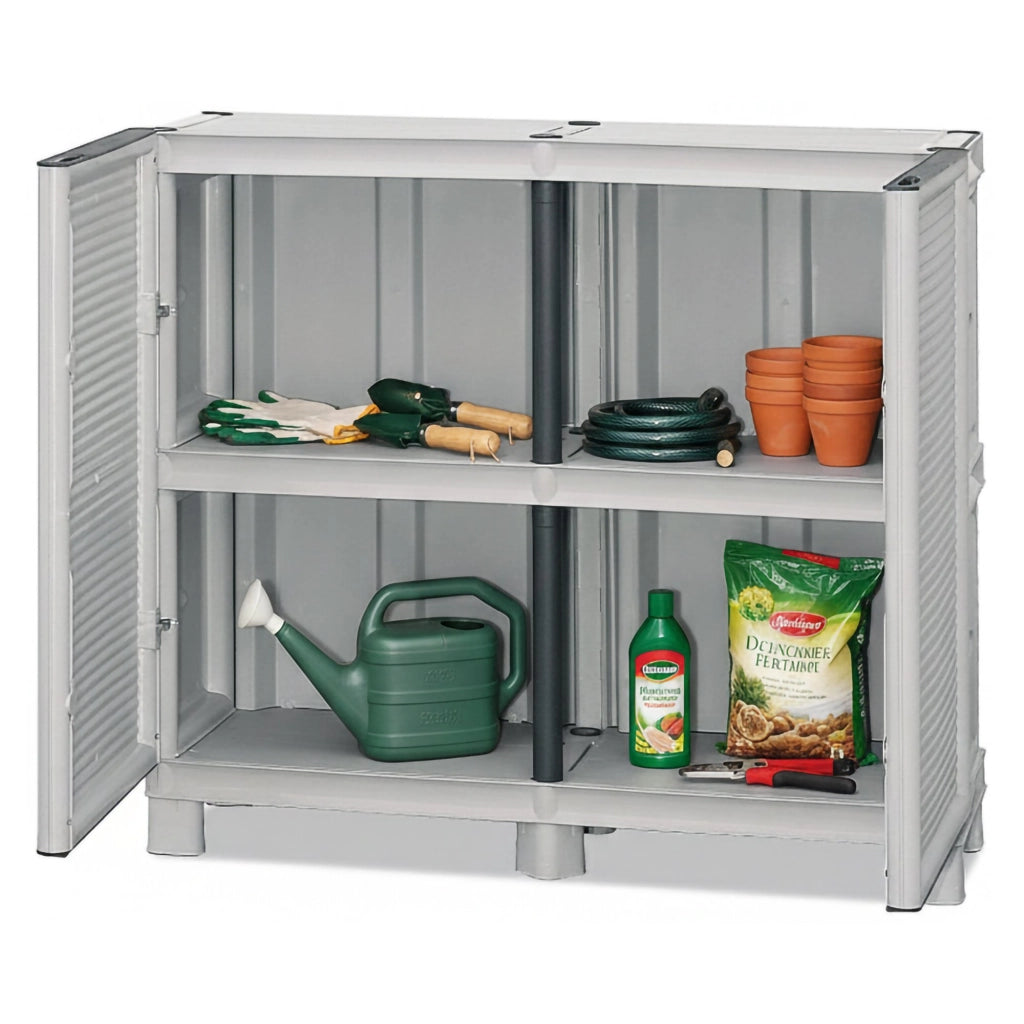 Armadio multiuso da esterno o Arlinda, Mobile a 2 ante e 1 ripiano in polipropilene, 100% Made in Italy, cm 100x39h92, colore Grigio chiaro