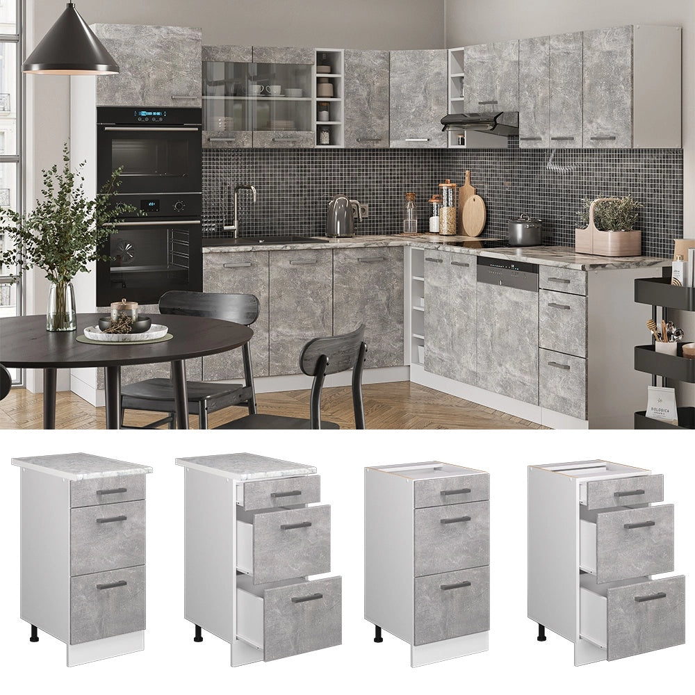 Mobiletto base per cucina R-Line Calcestruzzo/Bianco 40 cm con cassetti, PL Rovere Vicco