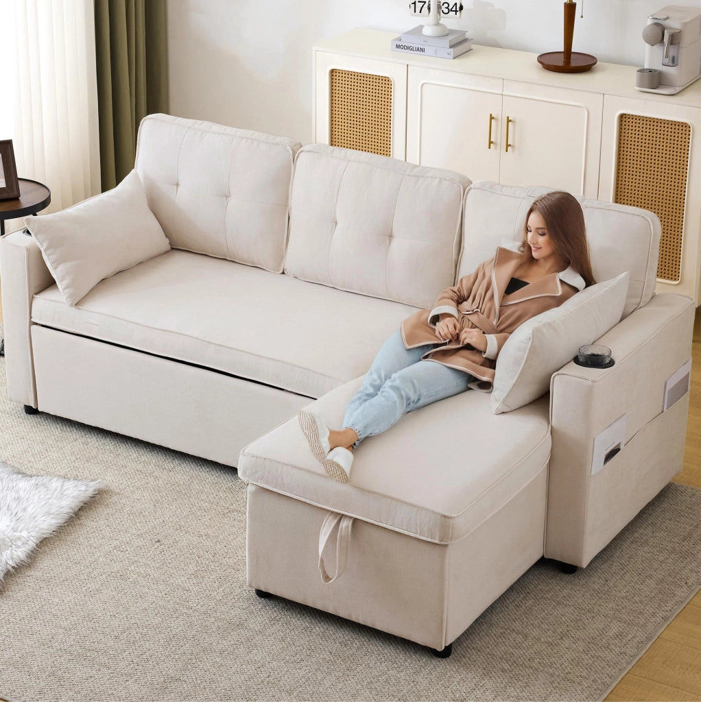 Divano letto reversibile con contenitore e portabicchieri in cotone e lino beige