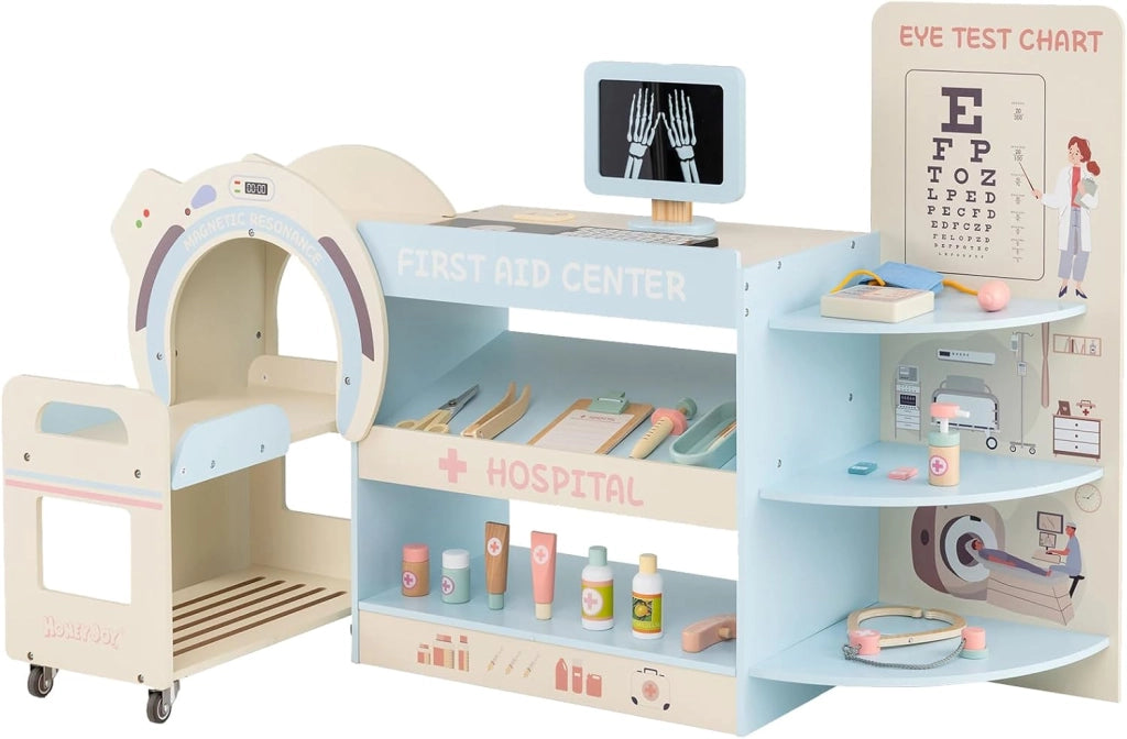 Set Gioco Dottore per Bambini, Medico Giocattolo in Legno con Tabella Oculistica, Macchinario CT e Radiografie, Gioco di Ruolo Medico Educativo con Accessori per Bambini 3+ Anni (Rosa)