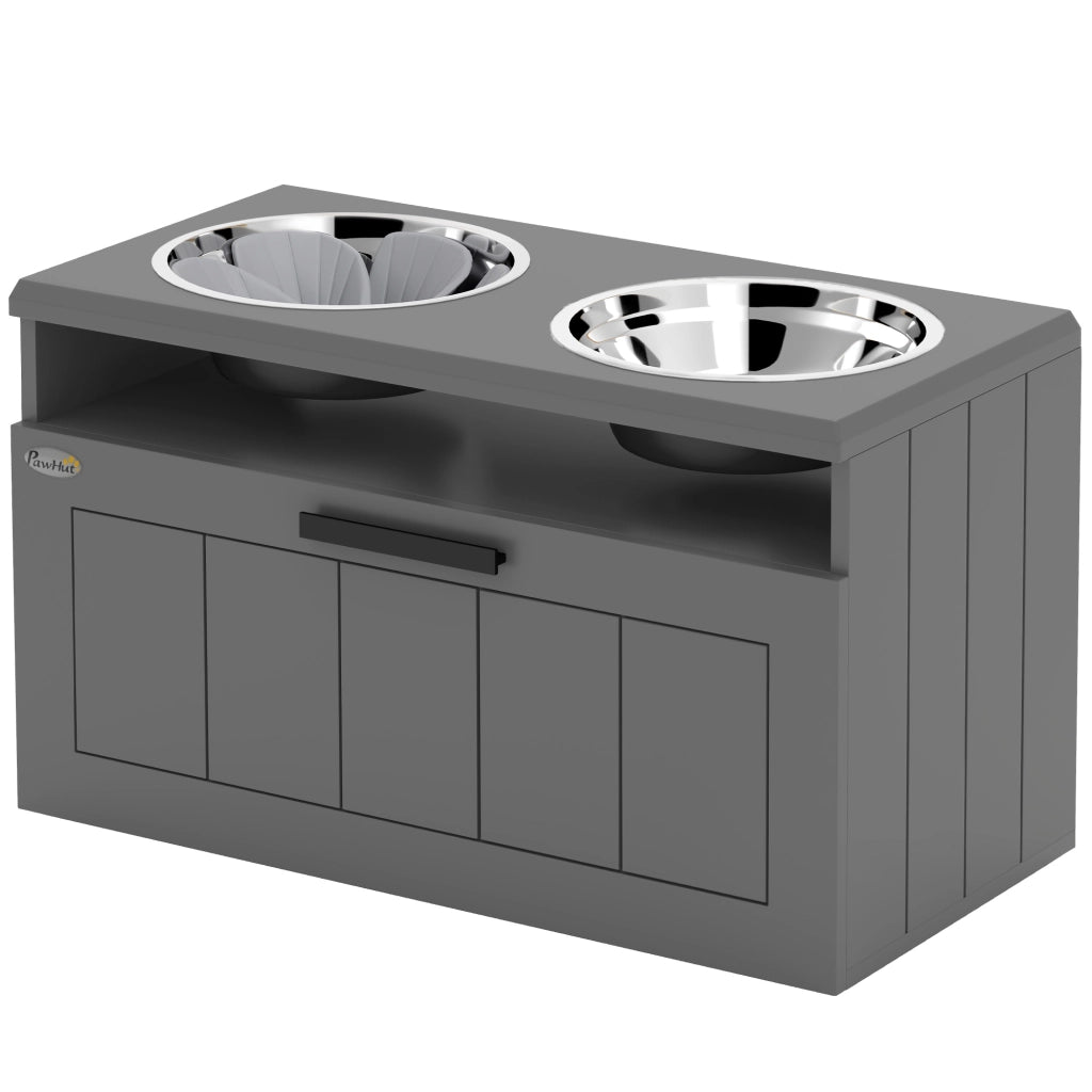 Stazione di alimentazione per cani grandi ¨C Xylo ¨C 2 ciotole acciaio inox, cassetto, grigio MDF