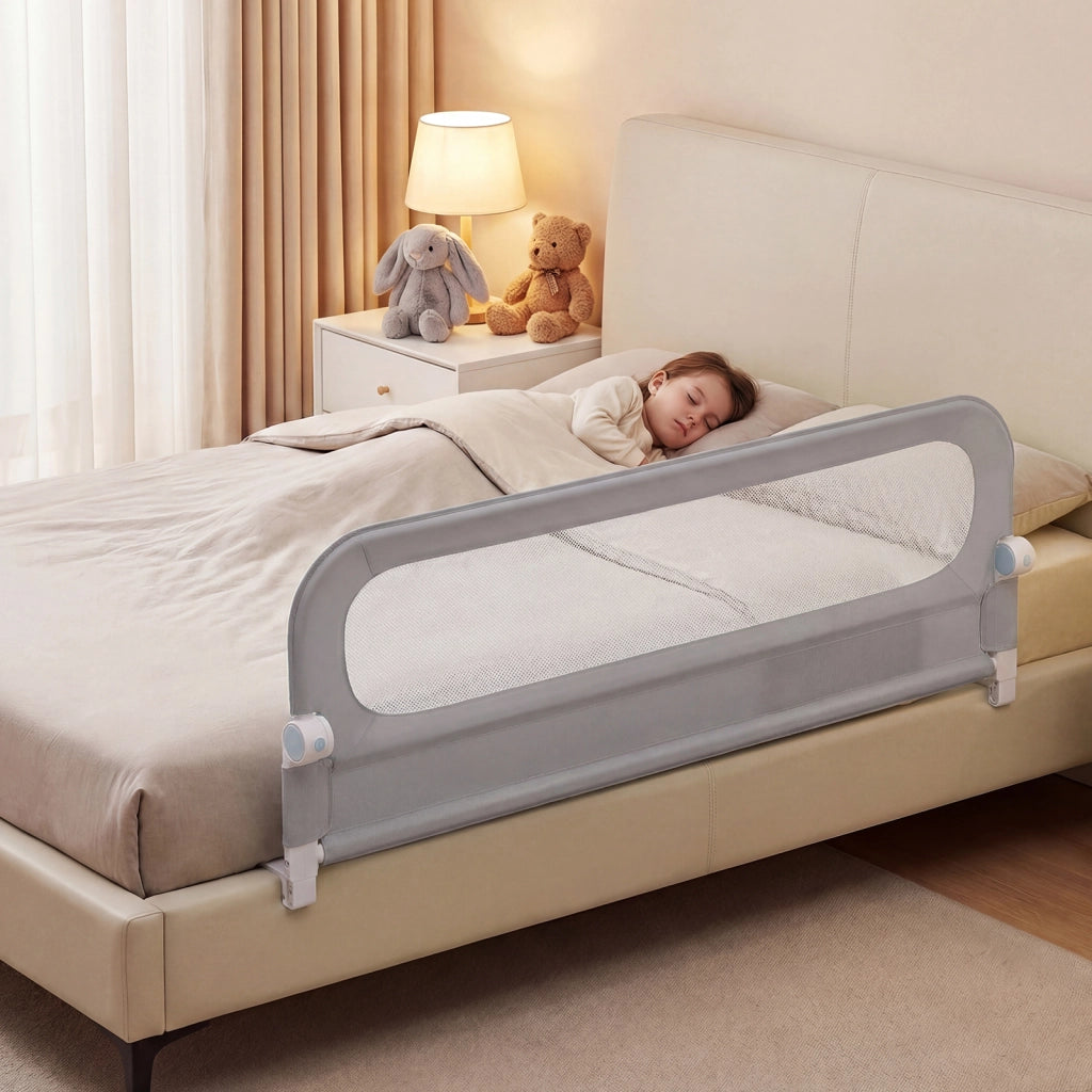 Sbarra letto pieghevole per bambini con base robusta a U, Sbarra protettiva regolabile 148 cm con accessori completi Grigio