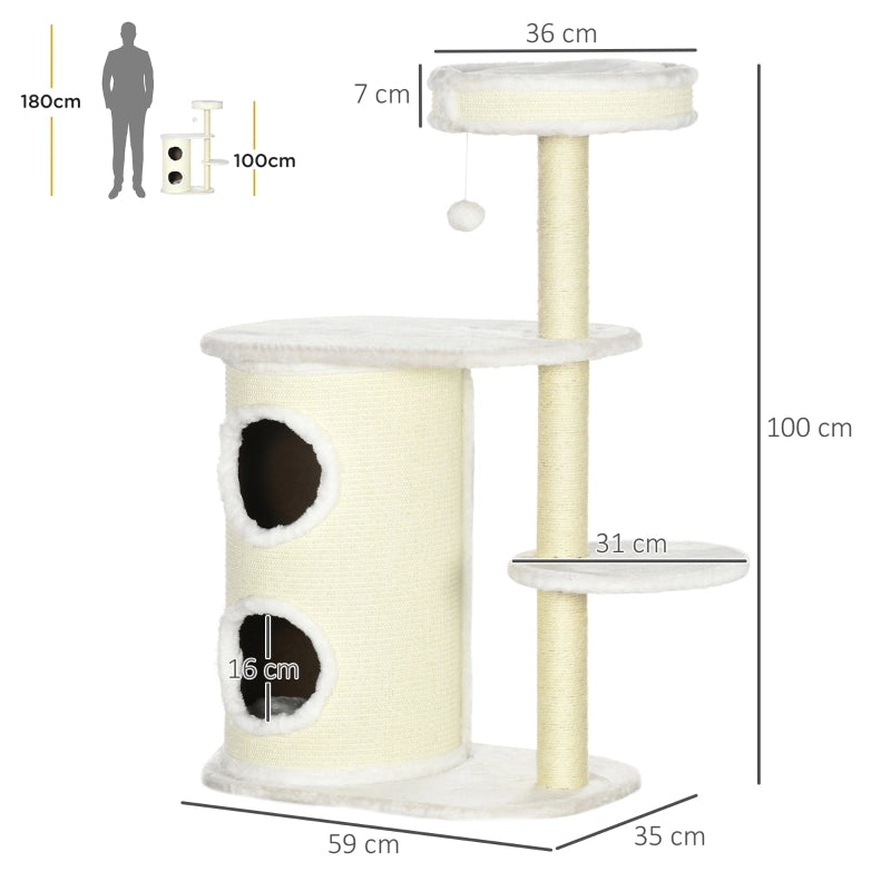 Albero tiragraffi per gatti con cuccia, gioco sospeso e rivestimento in peluche, 100 cm, crema
