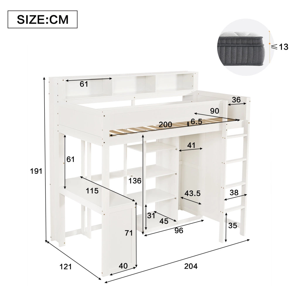 Letto a castello ULEVR 90x200 cm con scrivania, armadio, ripiani e scala a 4 gradini, bianco