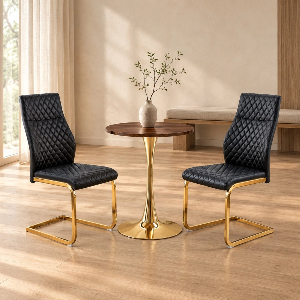 Set tavolo e sedie 60 cm in MDF effetto noce, nero e oro, per 2 persone