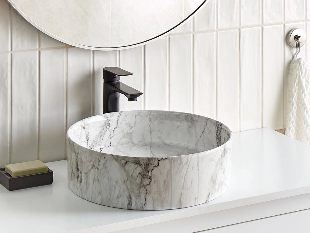 Lavabo da appoggio Ceramica effetto marmo bianco 400 mm Lavello da bagno rotondo opaco