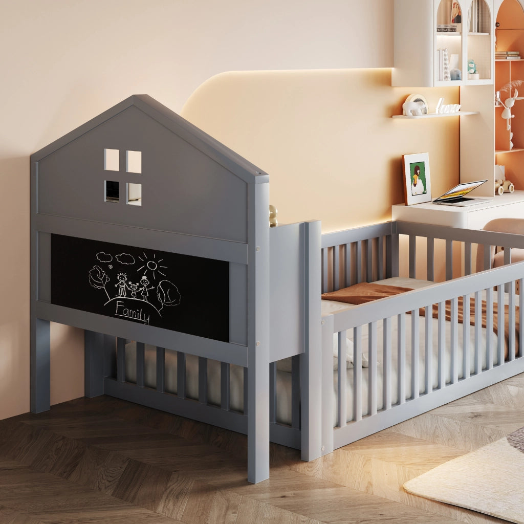 Letto a forma di casa grigio in legno massello con funzione contenitore e rete a doghe 90x200 cm
