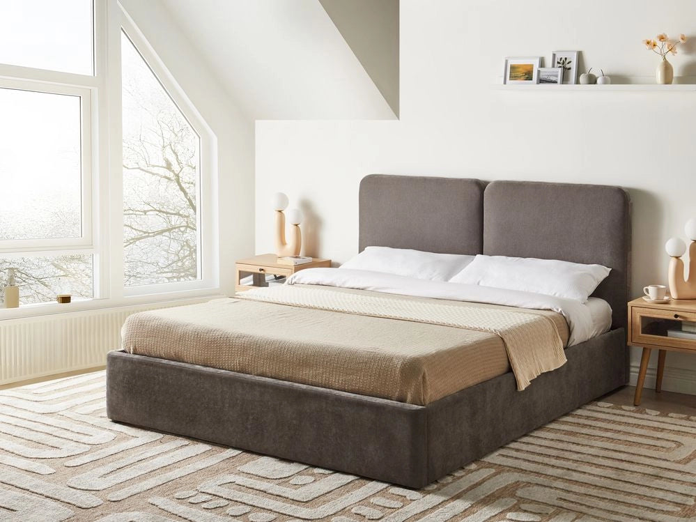 Letto ottomano color tortora in tessuto di ciniglia 160 x 200 cm Testiera imbottita Rete a doghe sollevabile