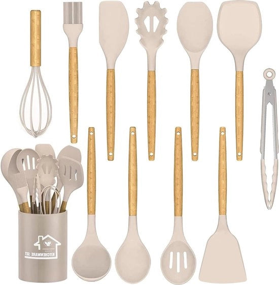 Set di aiuole per cucina premium 12 pezzi - set di spatole con supporto - rivestimento antiaderente - resistente al calore - manico in legno naturale - kaki