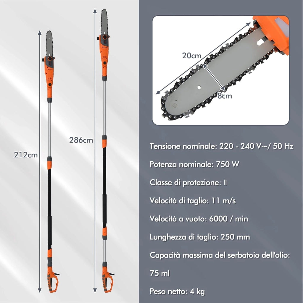 Motosega Telescopica Elettrica da 212-286 cm, Motosega Multiangolare 11 m/s Potenza 750 W con Testa Regolabile e Asta in Alluminio Retrattile, Installazione senza Attrezzi