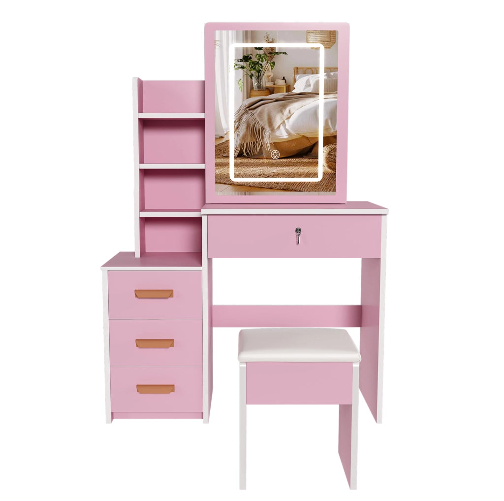 Toeletta ULEVR con specchio LED a 3 modalit¨¤, ante scorrevoli a specchio e sgabello, rosa, MDF