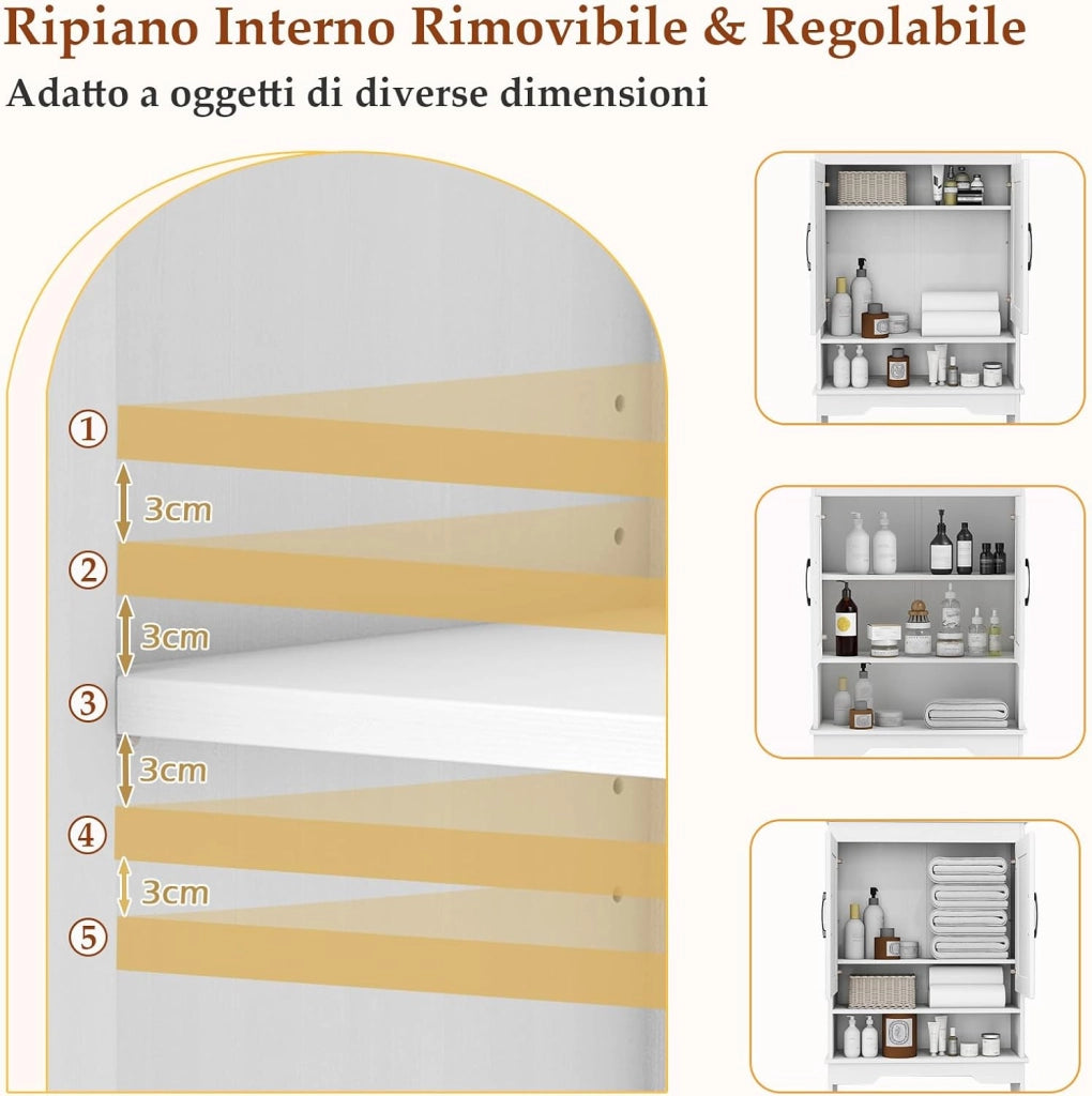Mobiletto da Bagno sopra il WC, Mobile da Bagno Autoportante Alto 168 cm con 2 Ante e Ripiano Regolabile, Armadietto Salvaspazio sopra la Toilette per Lavanderia, 63 x 24 x 168 cm