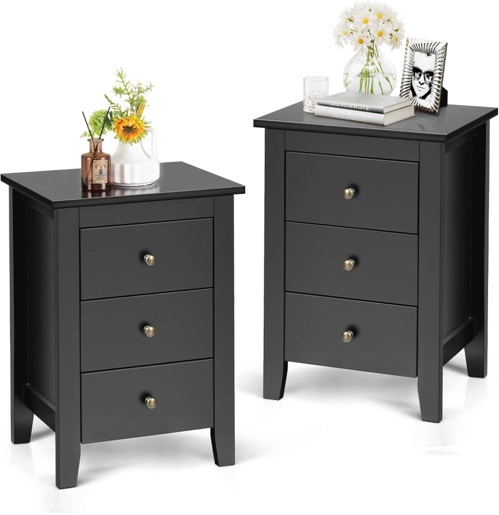 Set di 1/2 Comodino con 3 Cassetti, 46 x 37 x 65 cm, Comodino in Legno, Cassettiera di Stoccaggio con Gambe, Tavolo Ausiliare per Soggiorno, Camera da Letto (1, Grigio)