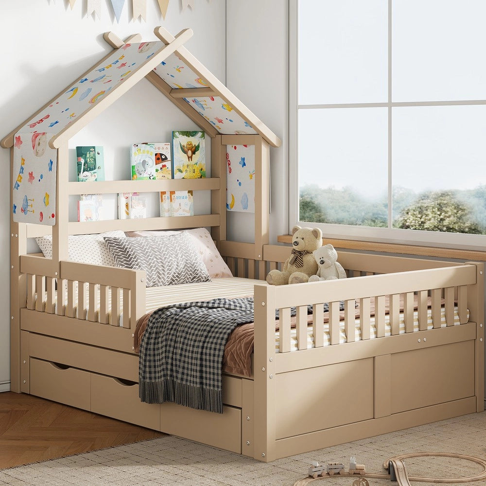 Letto a Casetta con Letto Estraibile, 3 Cassetti e Sponde ¨C Xylo ¨C Legno, Cream, 140x200