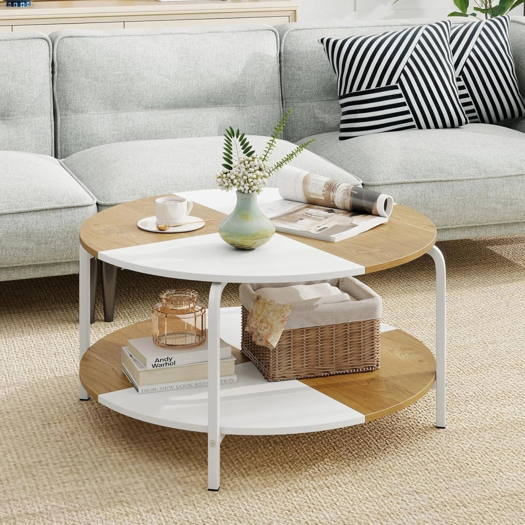 Tavolino da Salotto, Tavolino a 2 Livelli con Ripiano e Piedini Antiscivolo, Tavolo da Caffè Rotondo in Legno e Metallo, per Soggiorno, Studio e Ufficio, Portata 100 kg, 80 x 80 x 42 cm