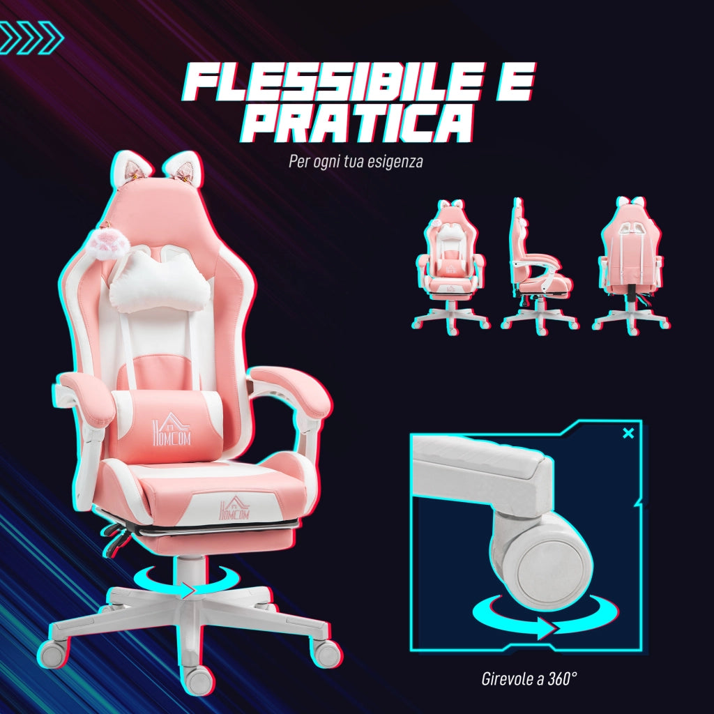 Sedia da Gaming Ergonomica con Orecchie da Gatto, Poggiapiedi, Supporto Lombare e Cervicale, Rosa