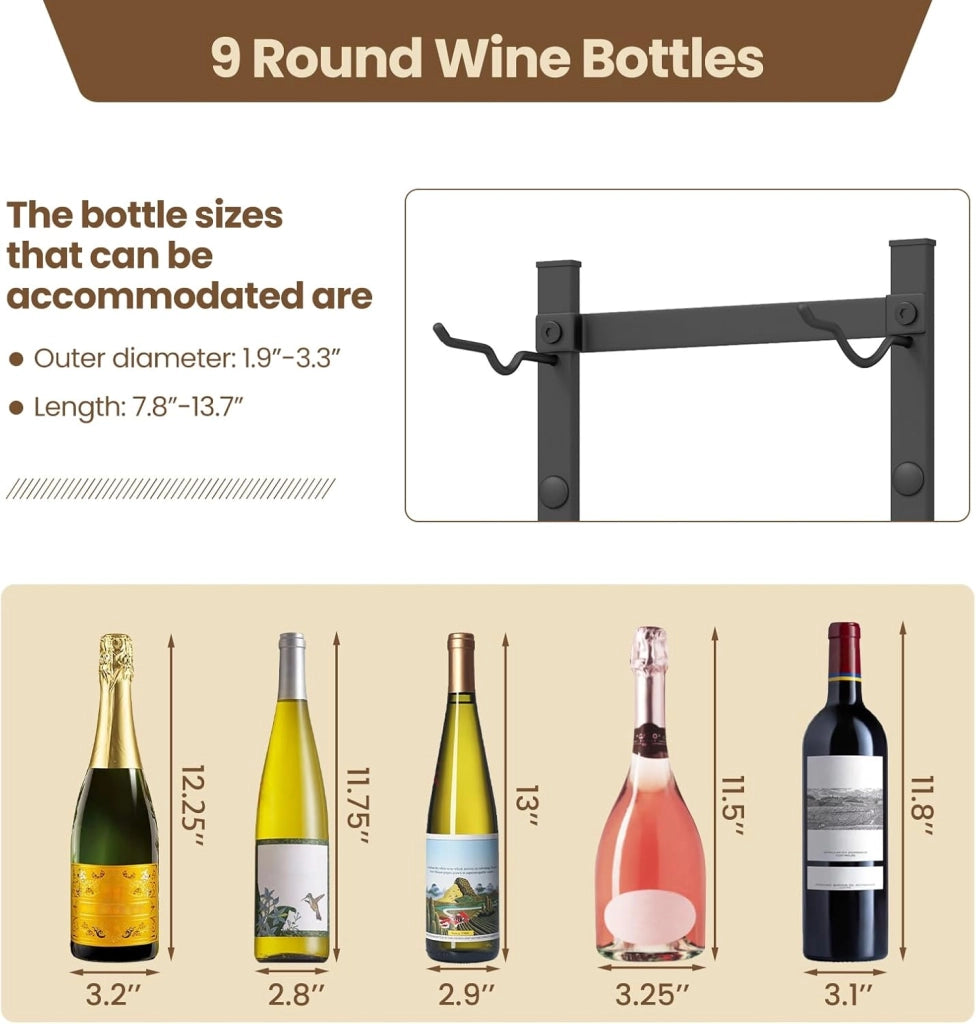 Portabottiglie di Vino da Parete per 6/12 Bottiglie, Scaffale Vini in Metallo a Parete, Portabottiglie di Vino Resistente alla Ruggine (22 x 13,5 x 145 cm)