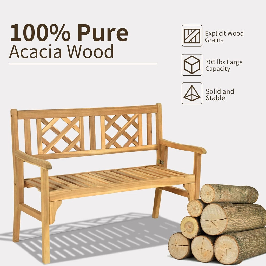Panchina da Giardino in Legno di Acacia, Panca Pieghevole 2 Posti, con Schienale e Braccioli, Panchina Rustica, Naturale