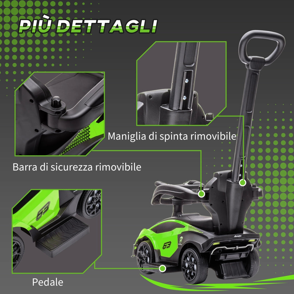Lamborghini Macchinina per Bambini 2 in 1 con Maniglione e Barriera di Sicurezza, Volante e Clacson, Auto per Bambini in PP e Metallo, 86.5x40x89.5 cm, Verde e Nero