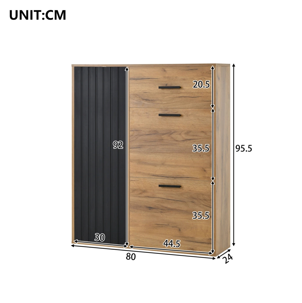 Mobile portascarpe con cassetto e 3 ante; ripiani regolabili; 80x24x95;5 cm; nero e naturale