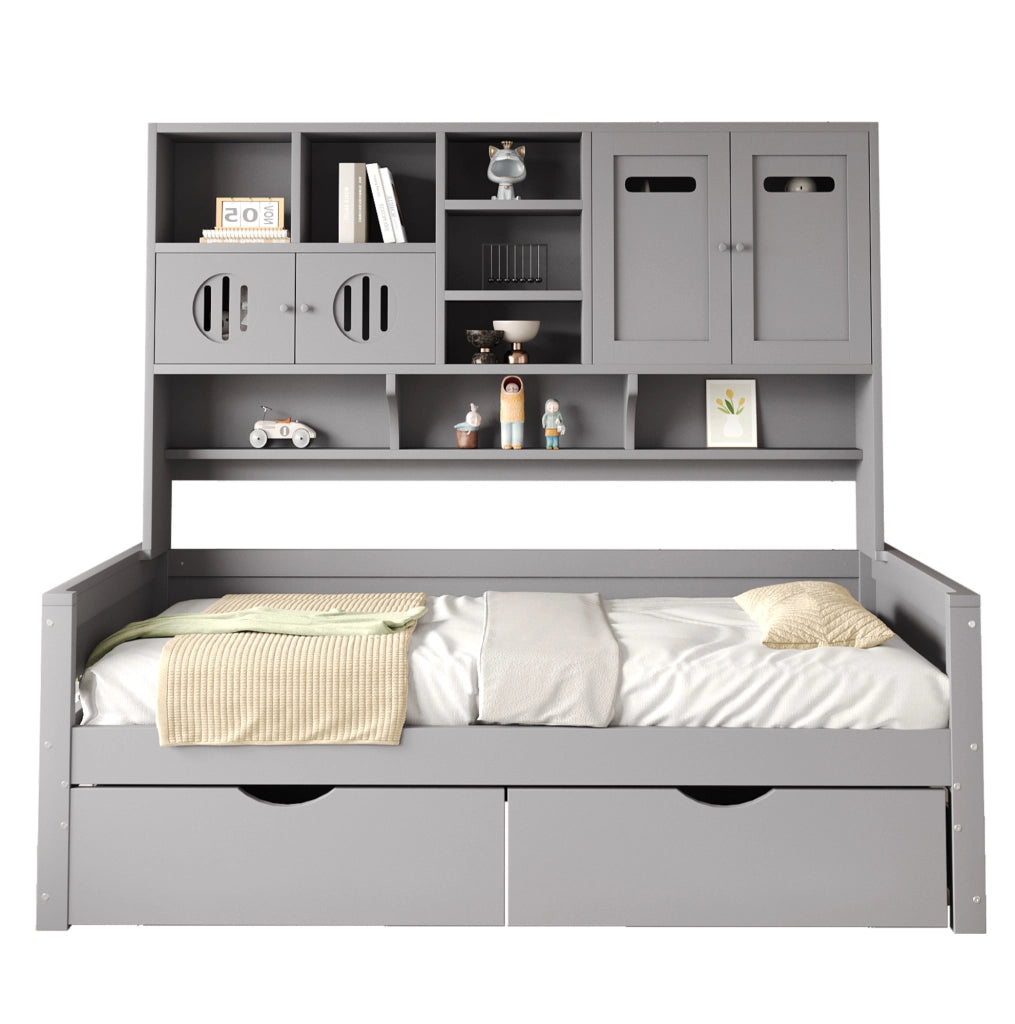 Letto singolo multifunzione 90x200 cm in legno di pino; con spazio contenitore e cassetti; grigio