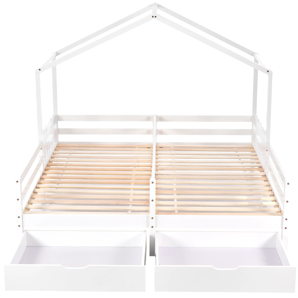 OKWISH Letto a Casetta 200×90 cm, Letto 2 Posti con 2 Cassetti, Sponde di Sicurezza e Design Diviso, senza Materasso, Bianco