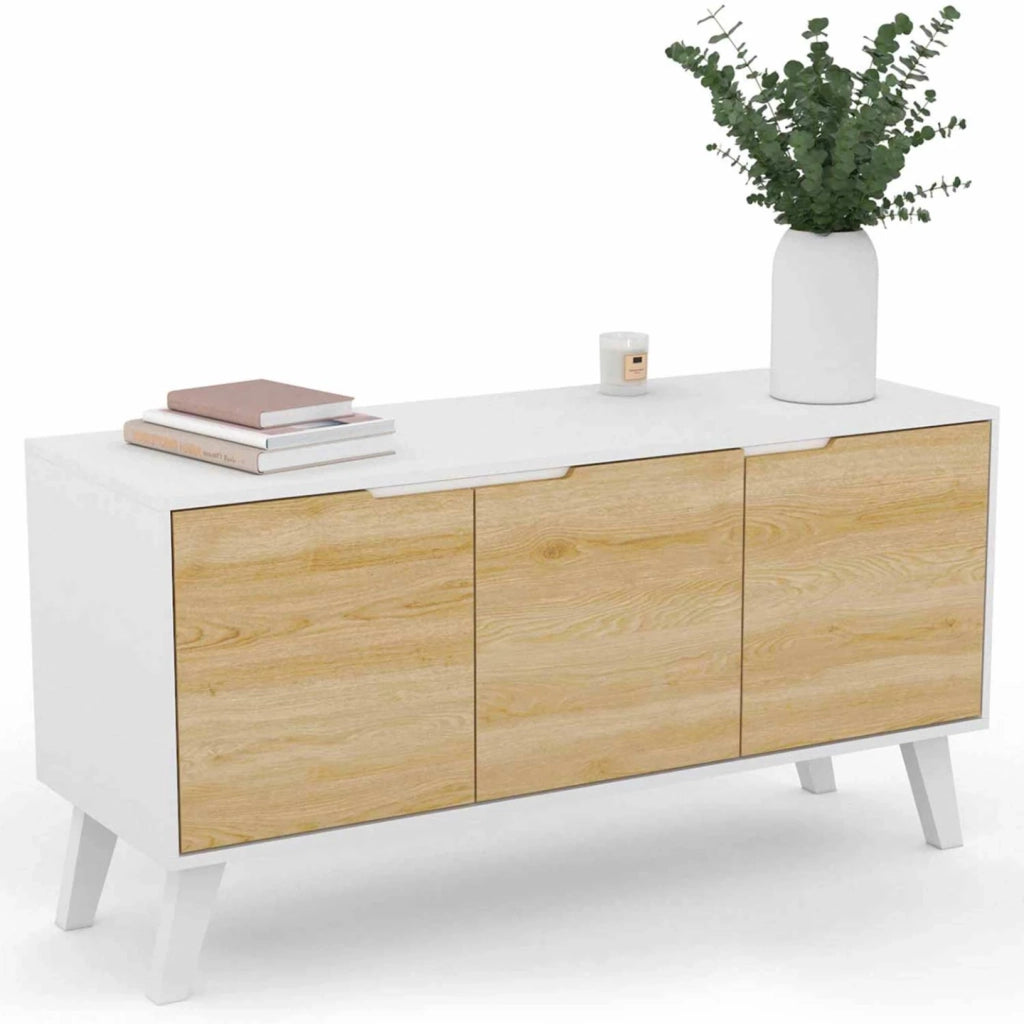 IDMarket - Credenza bassa scandinava 113 cm FINN bianco 3 ante effetto faggio