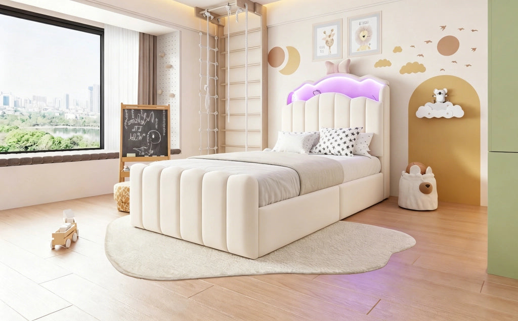 Letto per bambini 90 × 200 cm con contenitore idraulico, LED a colori, USB e USB-C, senza materasso, beige