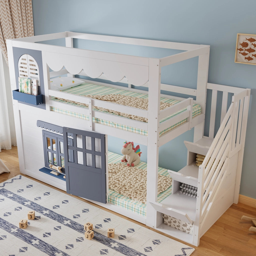 Letto a soppalco per bambini 90×200 cm 1 posto con scala contenitore e porta apribile; senza materasso; bianco e blu