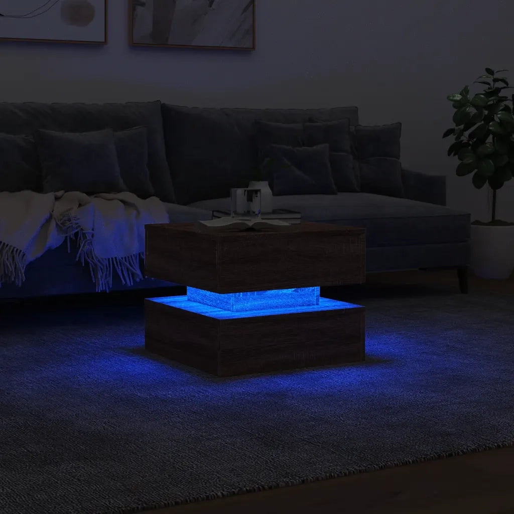 Tavolino da Salotto con Luci LED Rovere Marrone 50x50x40 cm 839860