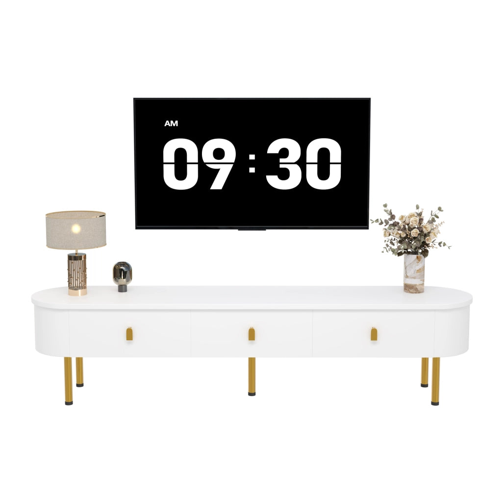 Mobile TV con 3 cassetti 174x35x41 cm in MDF bianco con maniglie e gambe oro