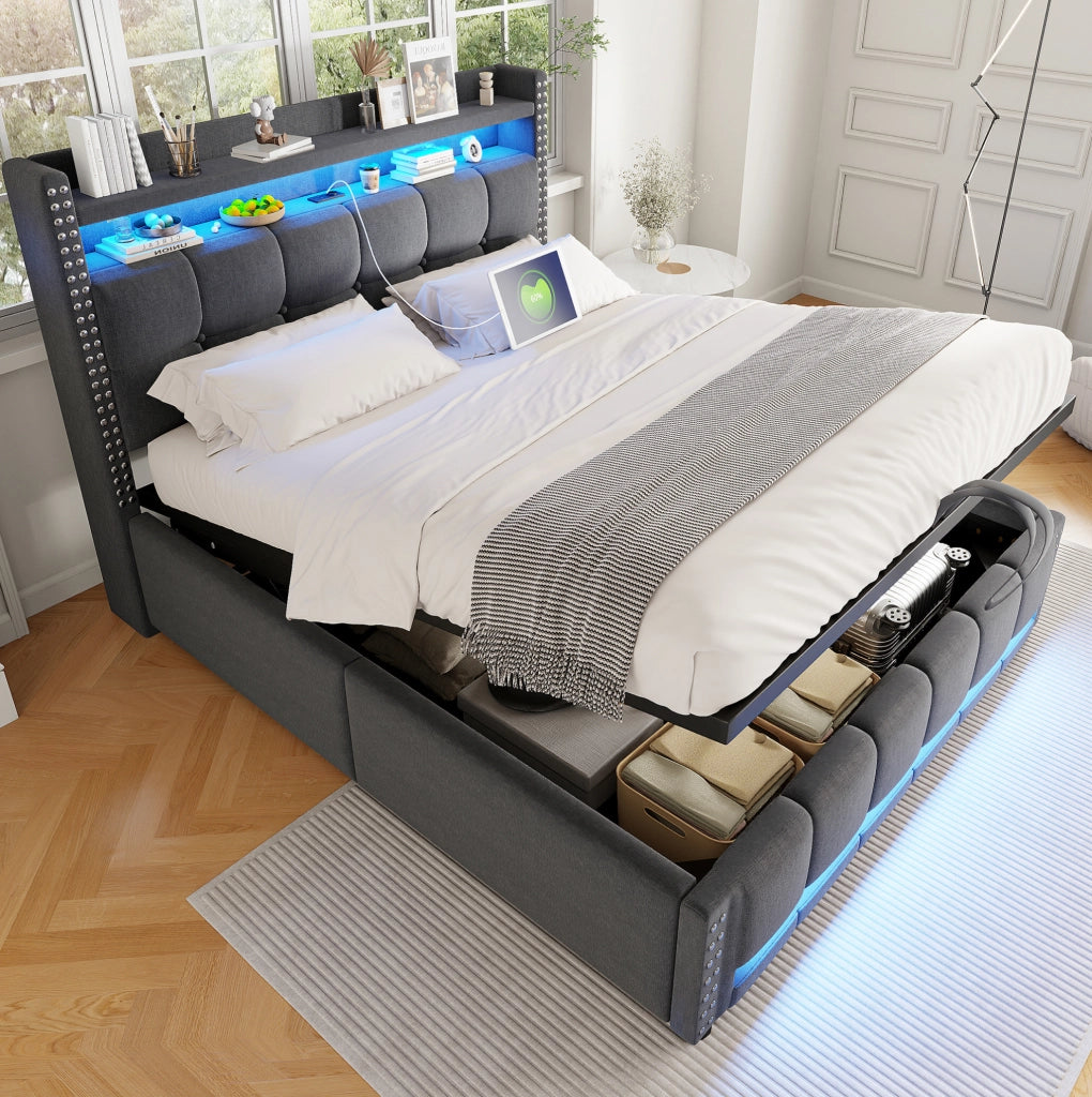 Letto imbottito 160x200 cm con LED, USB e vano contenitore