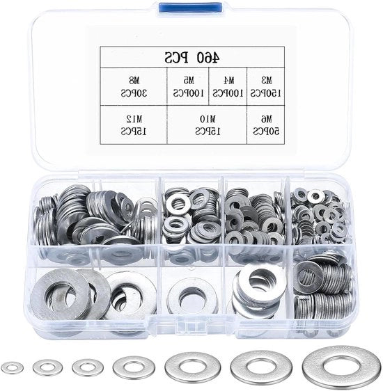 Set di 460 anelli di chiusura piatti in acciaio di carbonio assortimento M3 M4 M5 M6 M8 M10 M12.