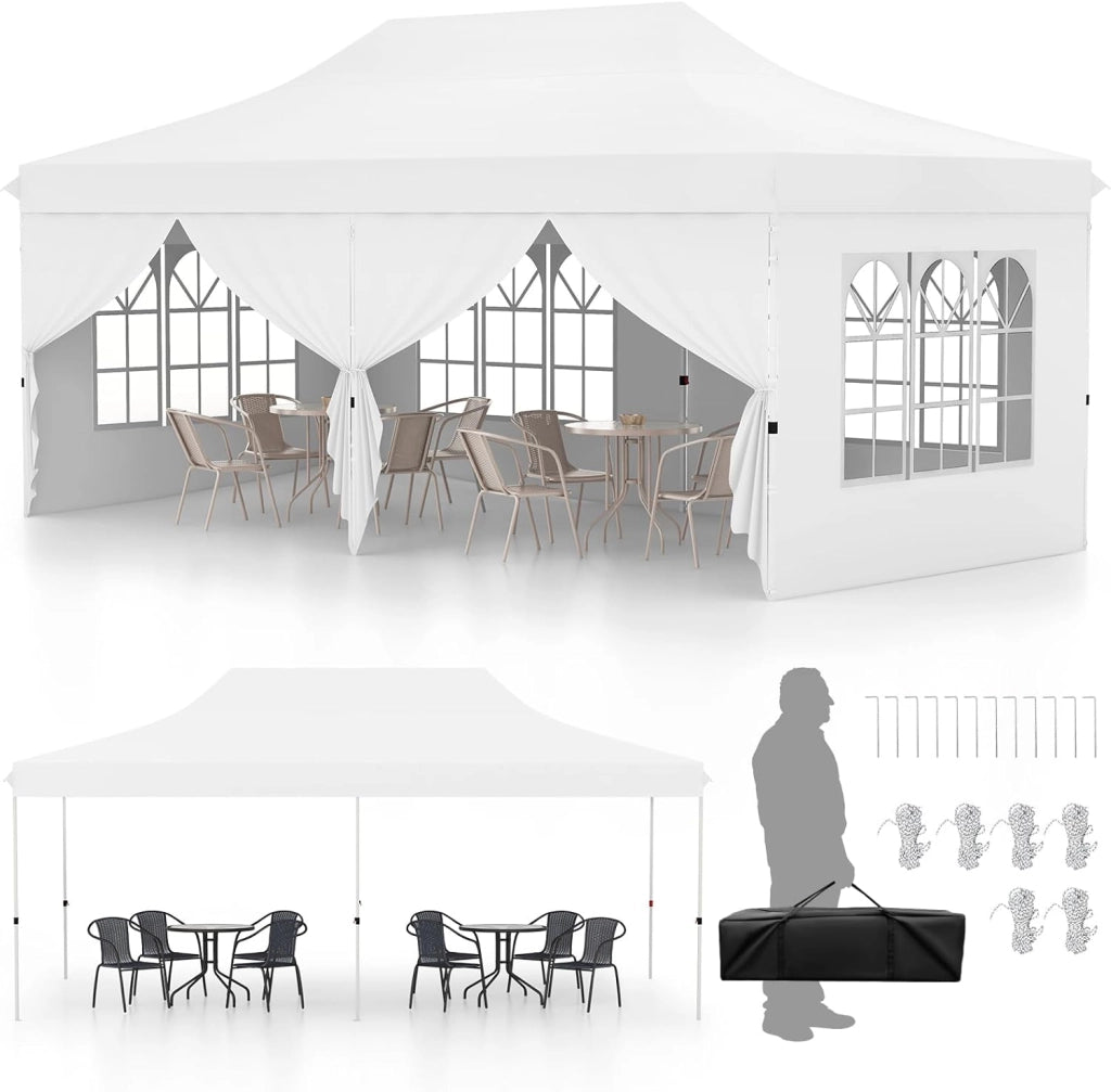 Gazebo da Giardino 3 x 6 m, Tendone per Feste con 6 Pannelli Laterali Rimovibili, con Borsa da Trasporto, Design Pop-up, per Matrimonio Eventi e Barbecue (Bianco)