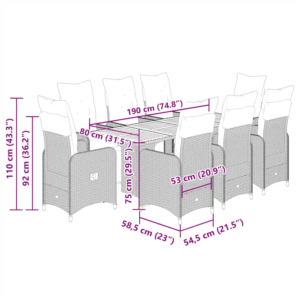 Set BistrÃ² da Giardino 9 pz con Cuscini in Polyrattan Grigio