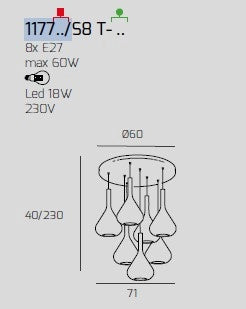 SOSPENSIONE BIANCO 8 LUCI TONDA VETRI 4X TR + 4X AM 1177BI-S8 T-TA