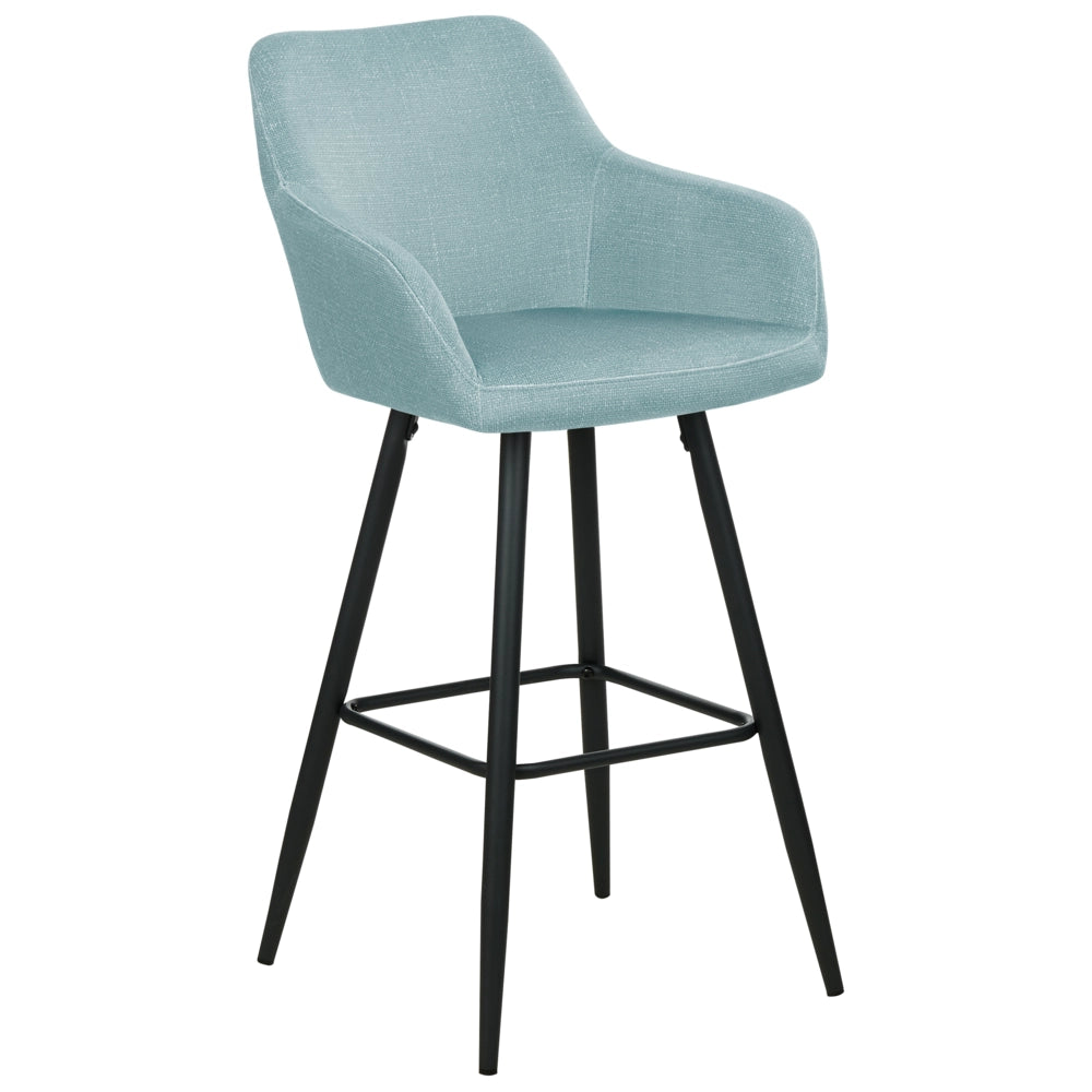 Set di 2 sgabelli da bar in velluto azzurro con seduta imbottita con braccioli e gambe in metallo stile moderno soggiorno