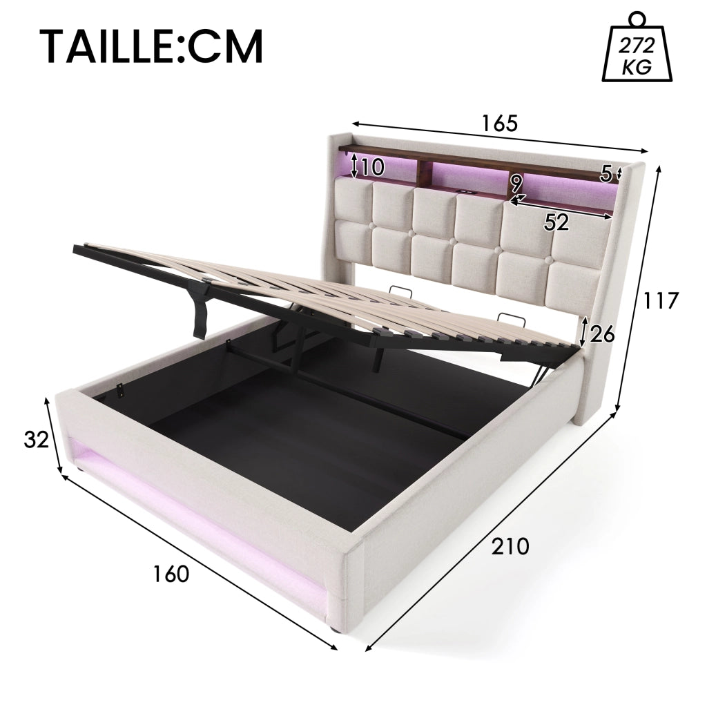 Letto Matrimoniale con 2 Comodini Integrati; 160×200 cm; senza Materasso; in Legno Massello; Grigio Scuro