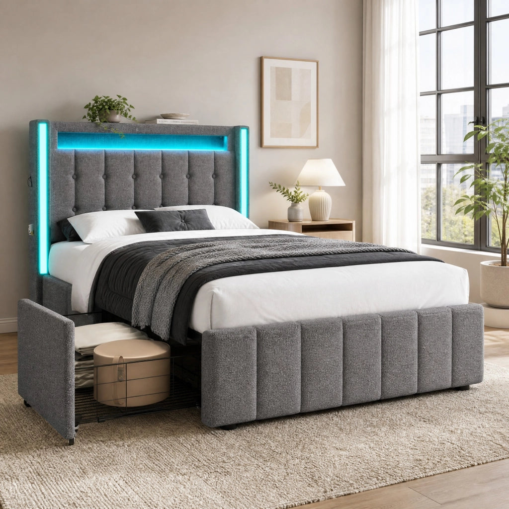 Letto singolo 90x200 cm con USB, porte Type-C, LED, 2 cassetti e rete a doghe in legno, grigio