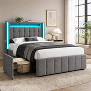 Letto singolo 90x200 cm con USB, porte Type-C, LED, 2 cassetti e rete a doghe in legno, grigio