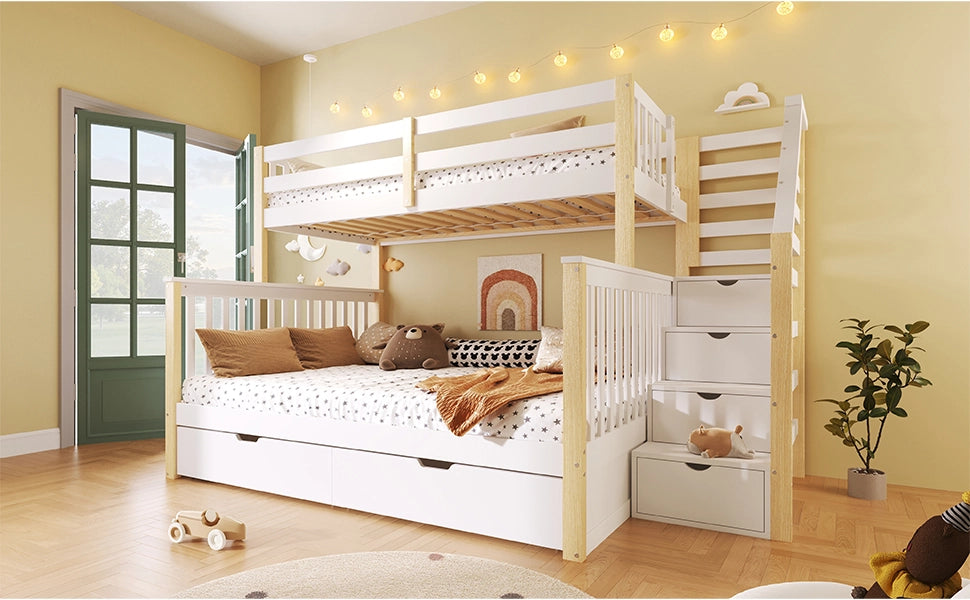 Letto a castello 90 × 200 cm et 140 × 200 cm con cassetti, barriera di sicurezza, senza materasso, pino, bianco naturale