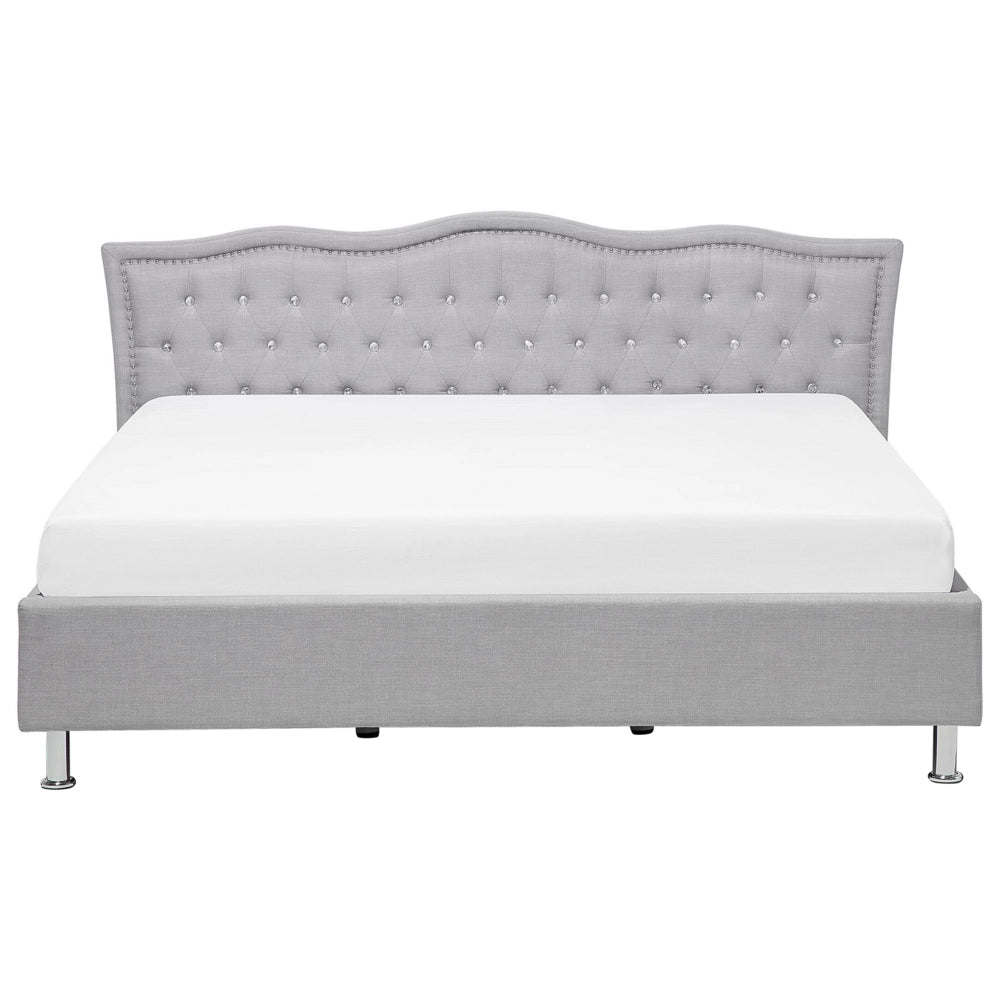 Letto 180 x 200 cm Tessuto grigio Cornice imbottita Bottoni in cristallo Poggiatesta con cornice imbottita
