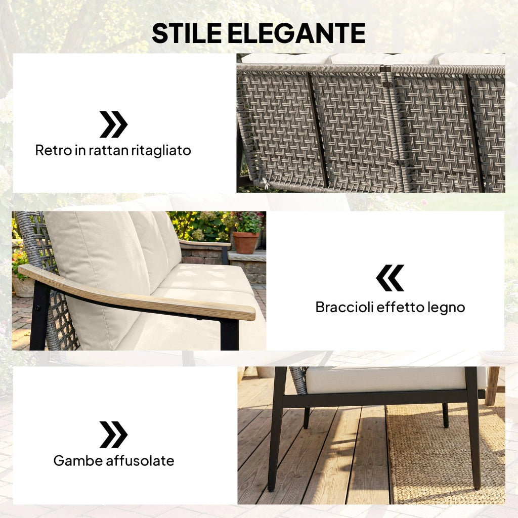 Divano da Esterno a 3 Posti 176x75x78 cm con Braccioli Effetto Legno e Schienale in Rattan Cachi