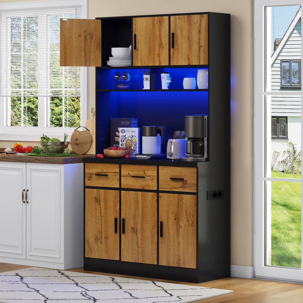 Credenza alta da cucina con 3 cassetti, 6 ante, ripiani regolabili, LED e prese USB, 100 × 40 × 180 cm