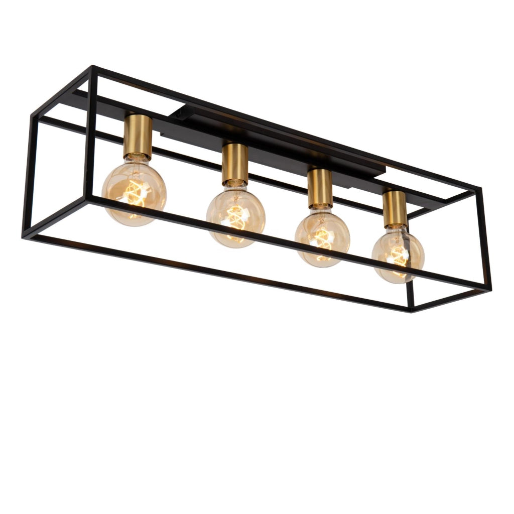 Plafoniera vintage nero oro rettangolare Lucide Ruben 4xE27